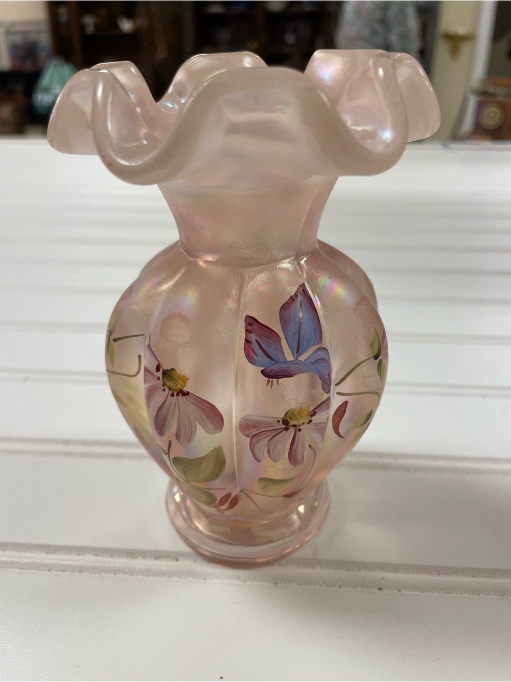 Vintage Fenton Hand-Painted Iridescent Glass Signed Vase